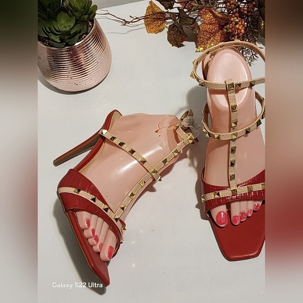 Studded Red and Gold Women's Heels